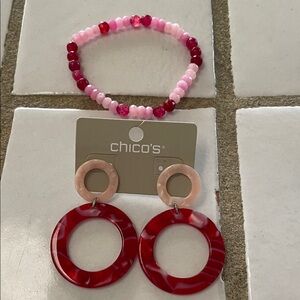 Chico’s plastic earrings and bead bracelet in pink and red